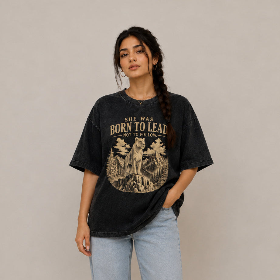She was Born to Lead- Snow Washed Oversized Tee