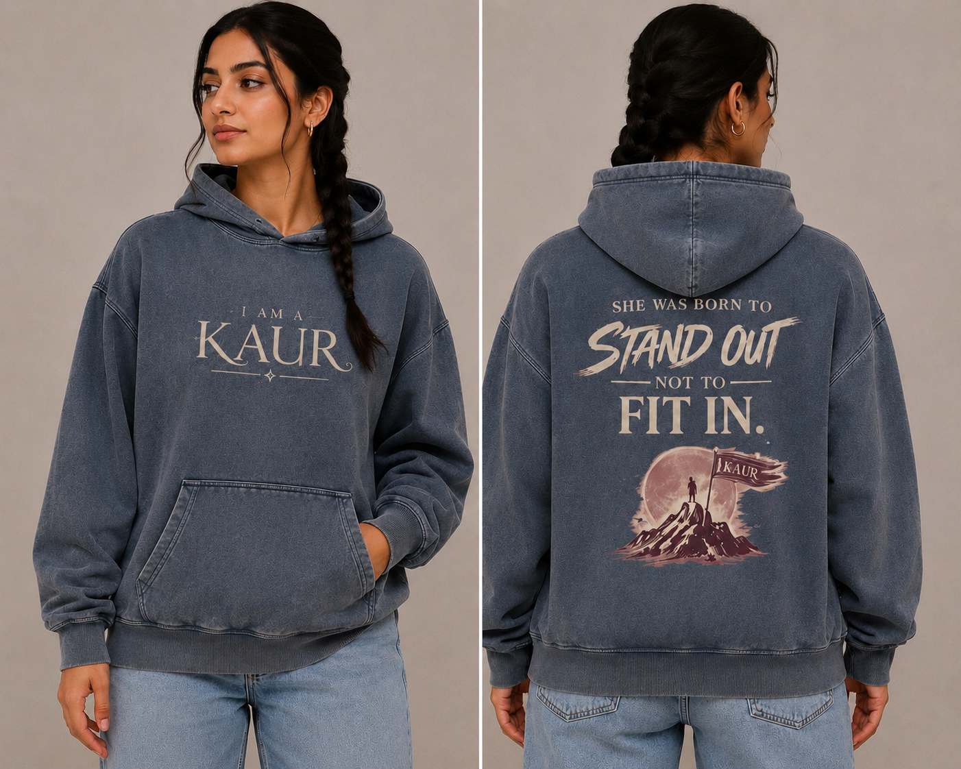 I Am A Kaur - Snow Wash Fleece Oversize Hoodie (Front and Back Design)